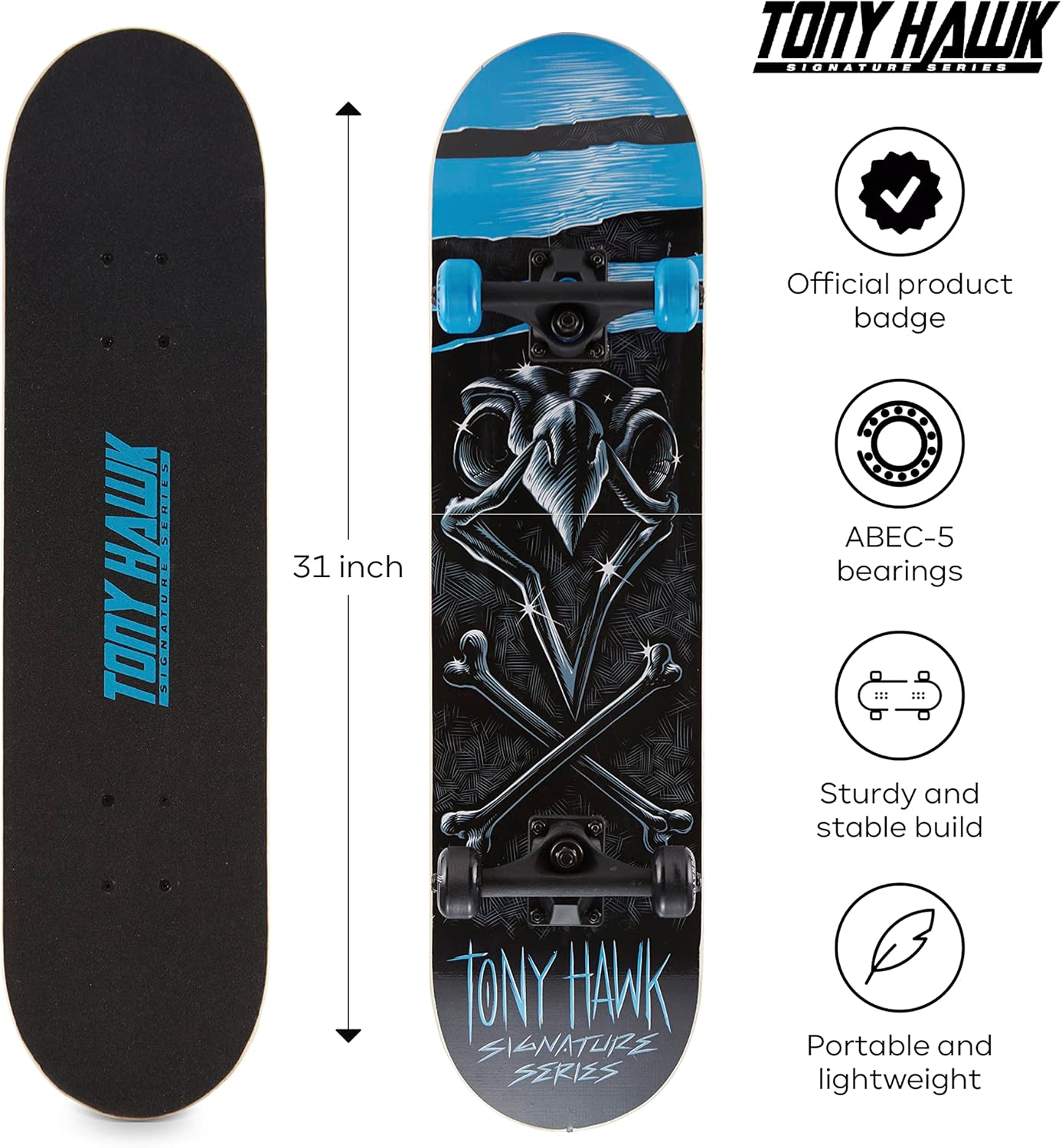 Skateboard Tony Hawk 31"- Signature Series 1 Skateboard with Pro Trucks, Full Grip Tape, ABEC 3 Bearings, Ideal for All Experience Levels
