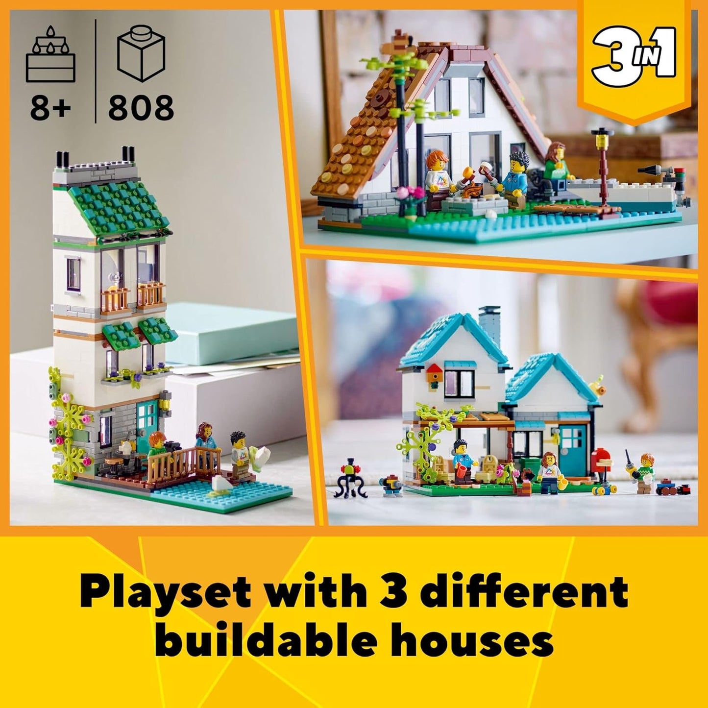 LEGO Creator 3 in 1 Cozy House Building Kit Rebuild into 3 Different Houses Includes Family Minifigures and Accessories