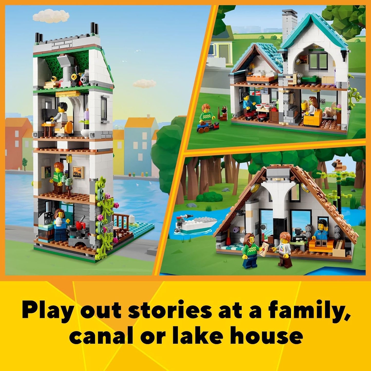 LEGO Creator 3 in 1 Cozy House Building Kit Rebuild into 3 Different Houses Includes Family Minifigures and Accessories