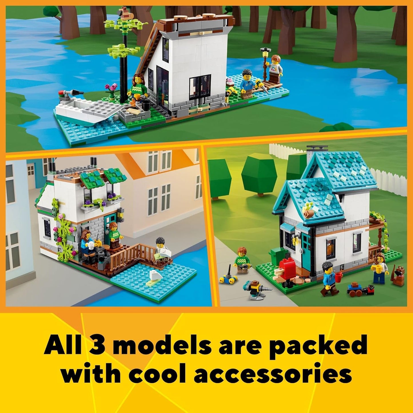 LEGO Creator 3 in 1 Cozy House Building Kit Rebuild into 3 Different Houses Includes Family Minifigures and Accessories
