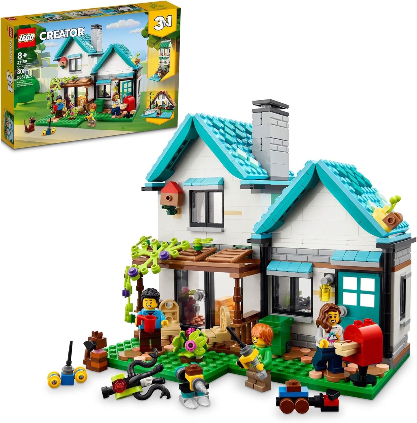 LEGO Creator 3 in 1 Cozy House Building Kit Rebuild into 3 Different Houses Includes Family Minifigures and Accessories
