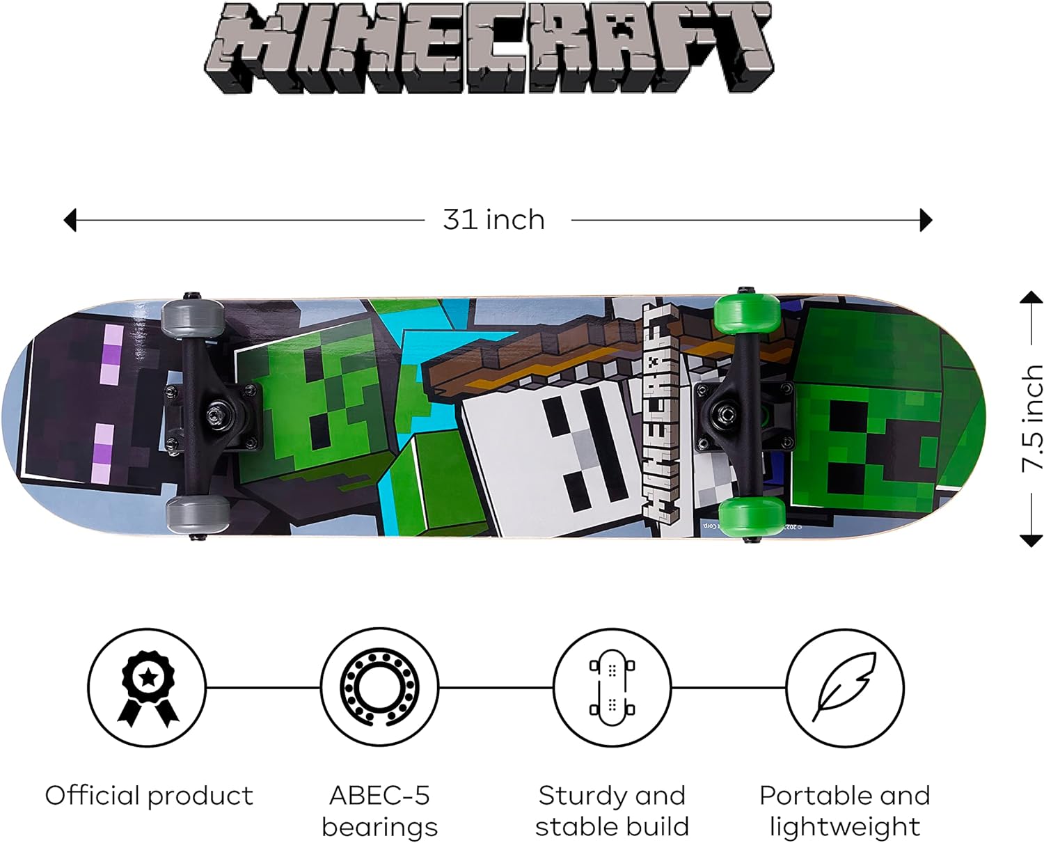 Skateboard Minecraft Mob 31 Inch Skateboard, 9-Ply Maple Deck Skate Board for Cruising, Carving, Tricks and Downhill