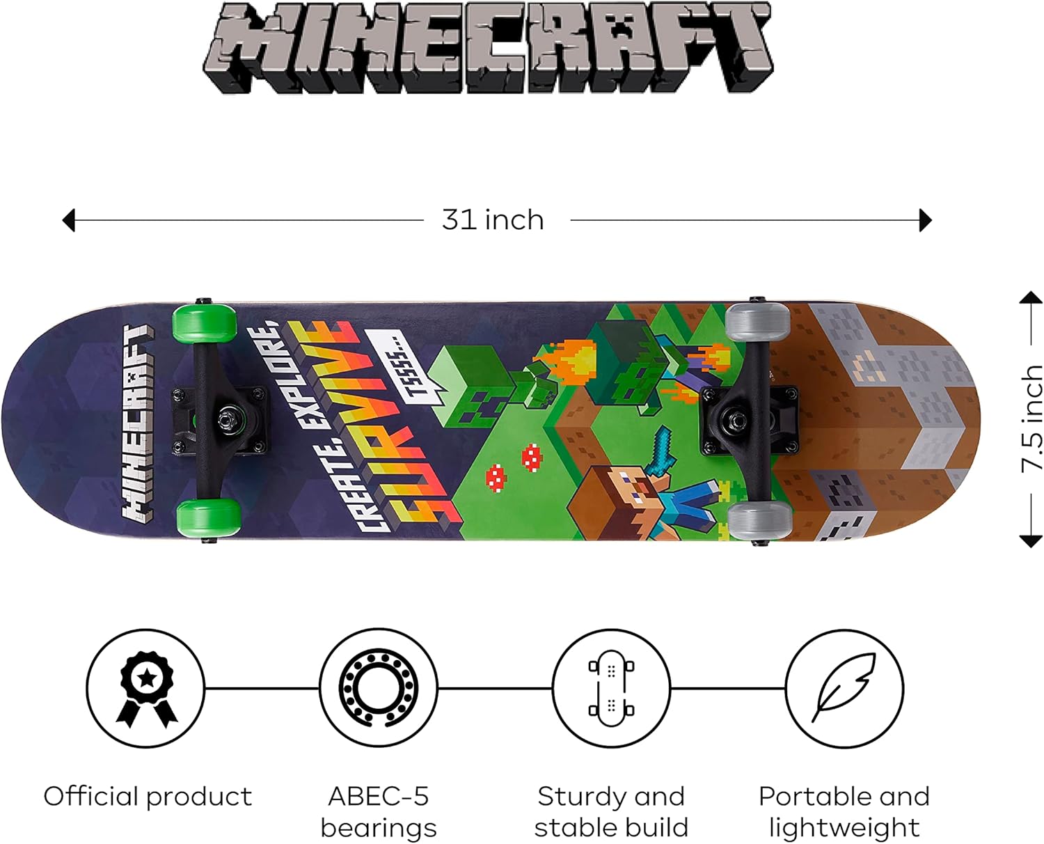 Skateboard Minecraft 31 Inch, 9-Ply Maple Deck Skate Board for Cruising, Carving, Tricks and Downhill