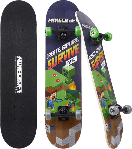 Skateboard Minecraft 31 Inch, 9-Ply Maple Deck Skate Board for Cruising, Carving, Tricks and Downhill
