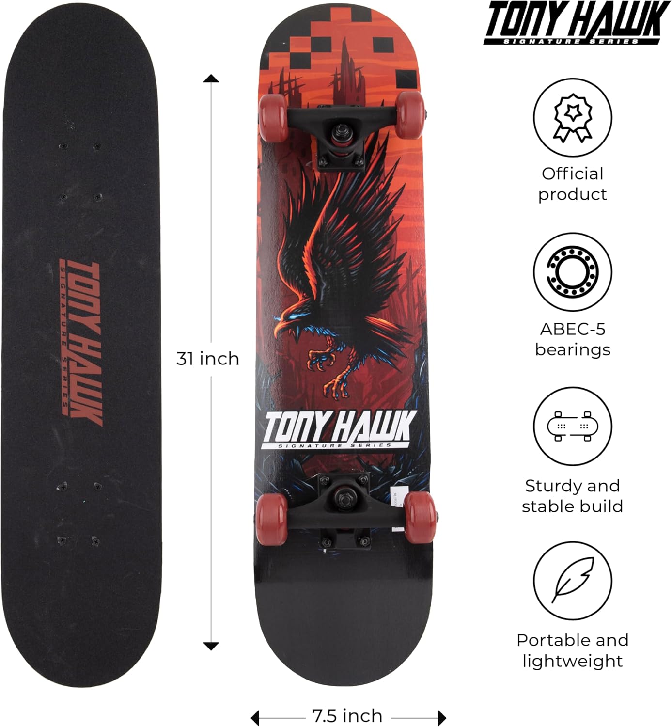 Skateboard Tony Hawk 31" - Signature Series 1 Skateboard with Pro Trucks, Full Grip Tape, 9-Ply Maple Deck, Ideal for All Experience Levels